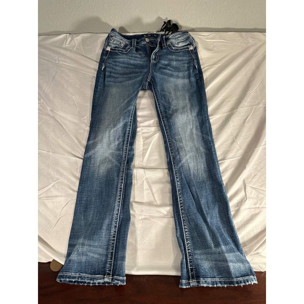 Miss Me Womens Bootcut Jeans Size 25 Blue Embroidered Flap Pocket Distressed